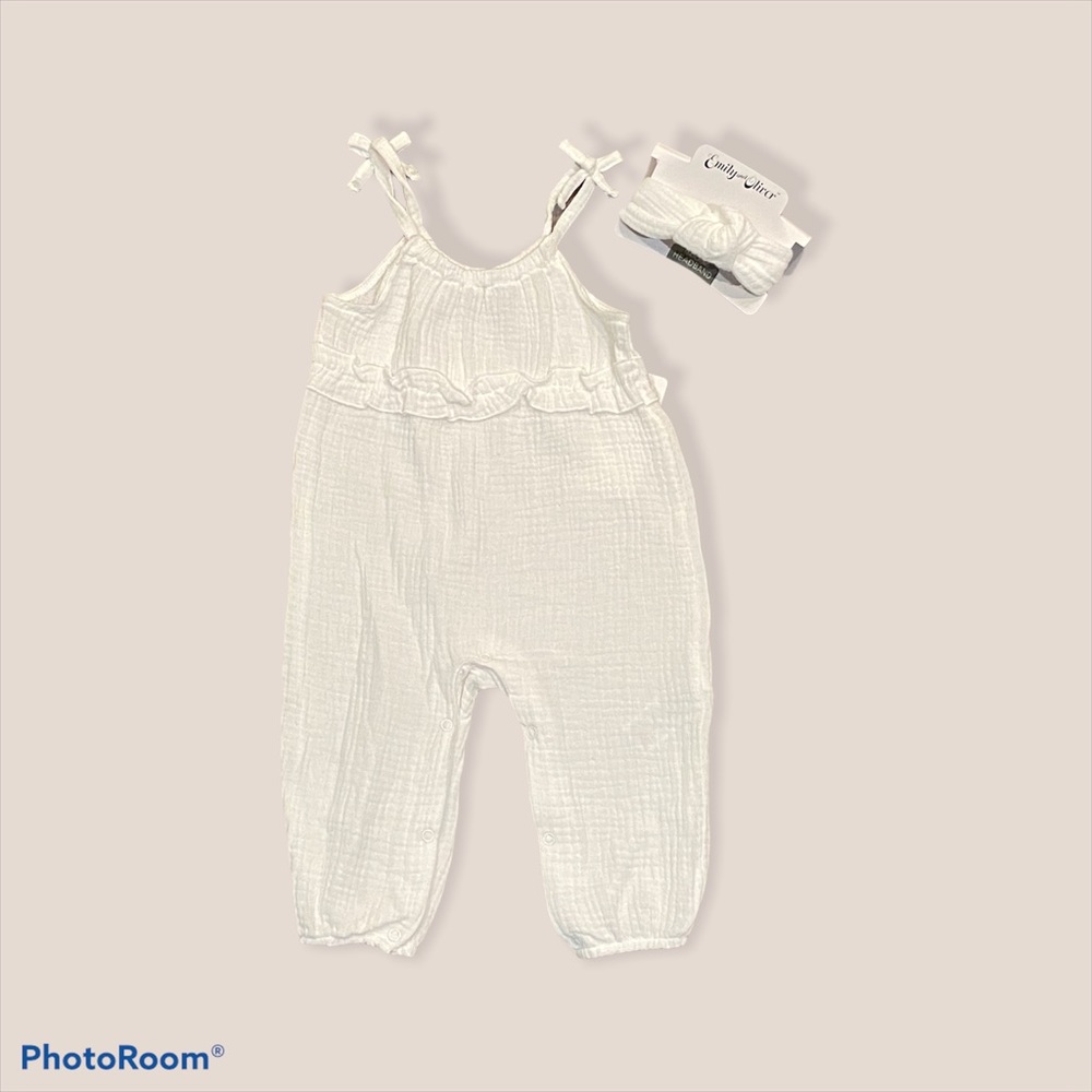 Emily and Oliver white gauze romper and headband